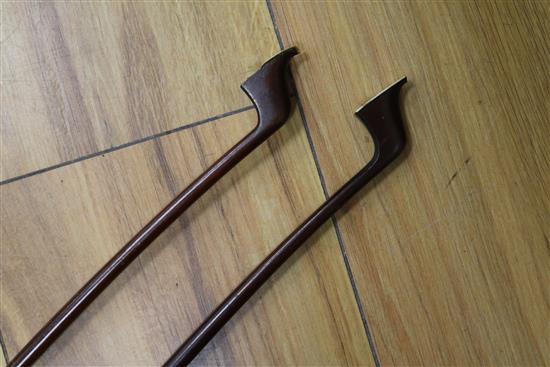 A full sized cello bearing label Arthur Richardson ... and two bows (one silver mounted), the other signed Wilhelm ... uhl